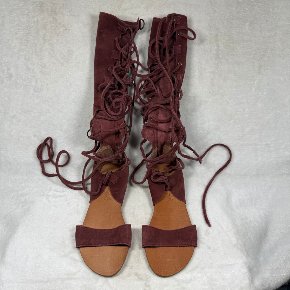 Free People Joe Lace Up Gladiator Sandals Burgundy Suede Tall Flat Size 38